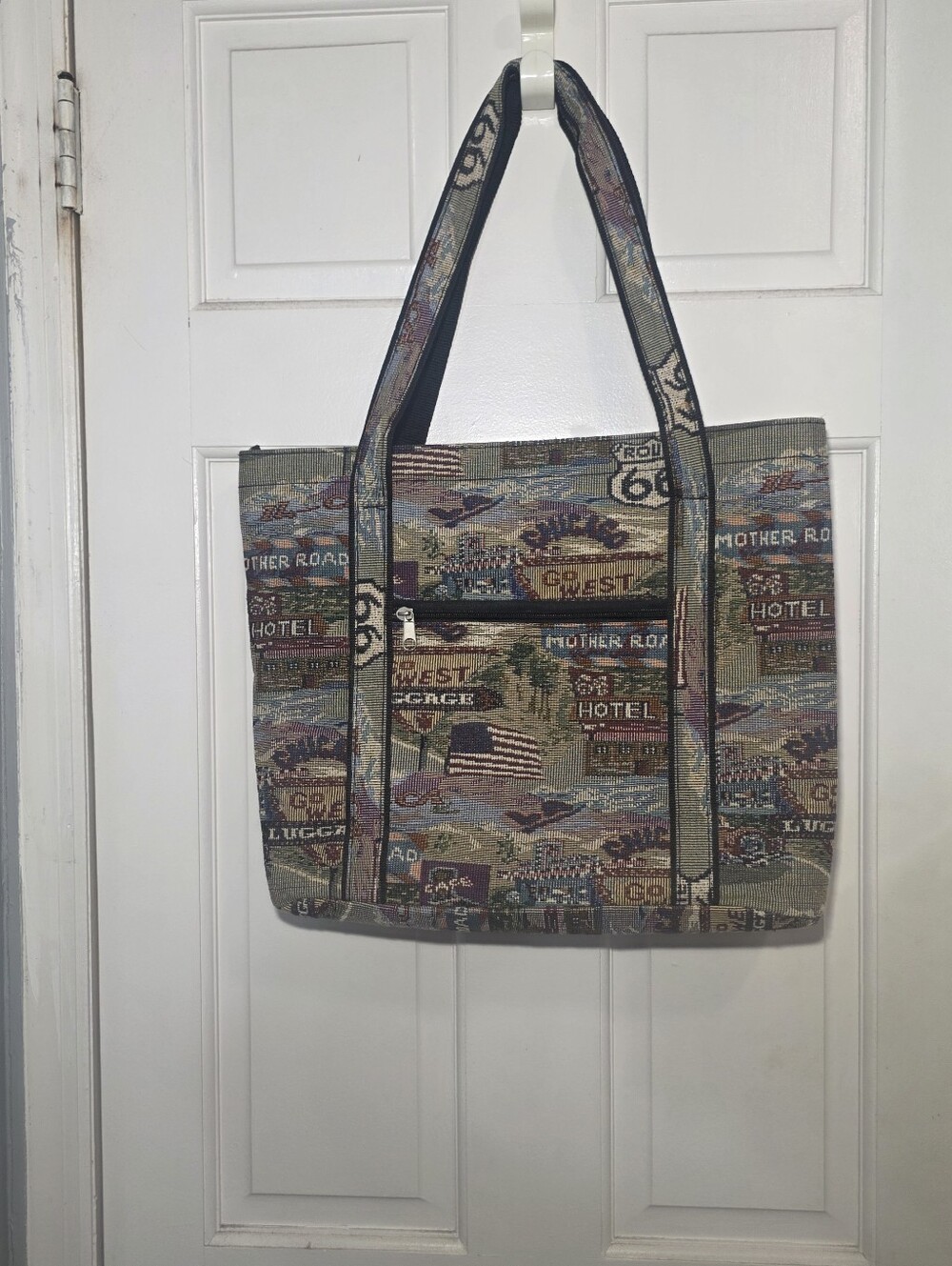 This is a vintage Route 66 "The Mother Road" woven tapestry tote bag
